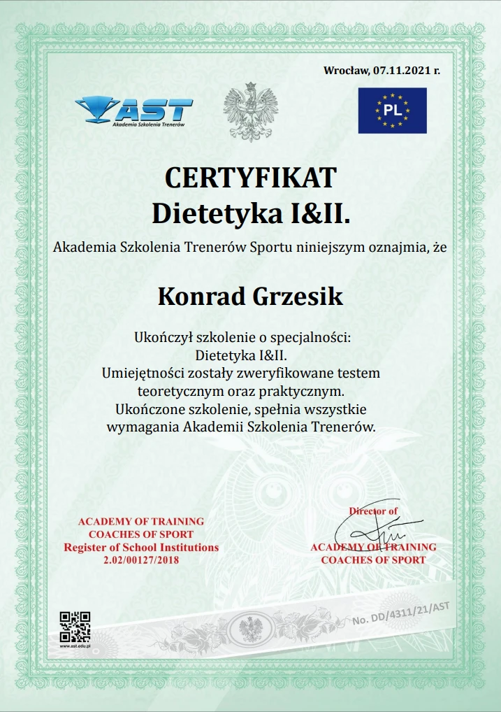 Trener personalny Konrad Kowal z Krakowa posiada certyfikat z dietetyki.
