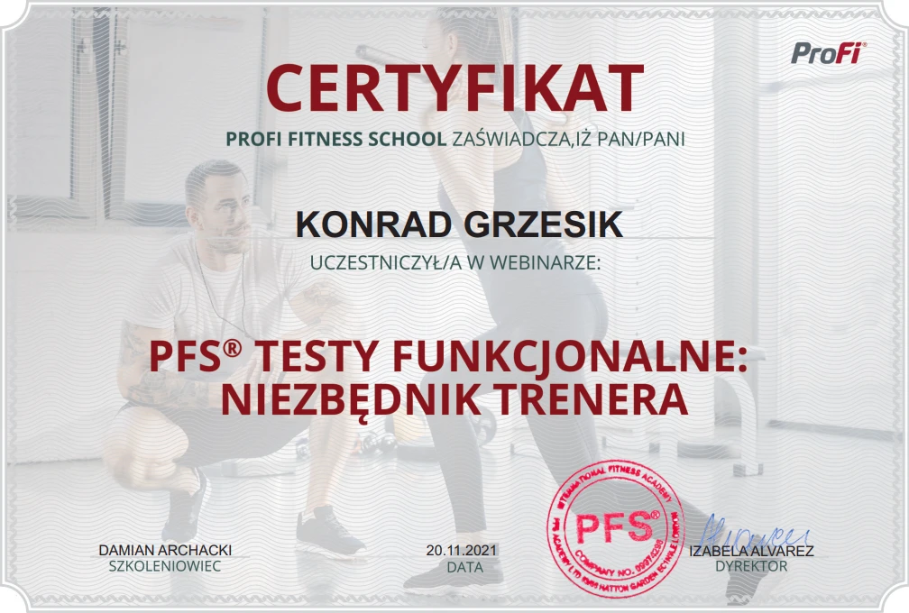 Trener personalny Konrad Kowal z Krakowa posiada certyfikat z testów funkcjonalnych. Trener personalny Konrad Kowal z Krakowa posiada certyfikat z testów funkcjonalnych.